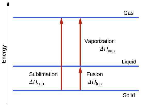 A diagram is shown with a vertical line drawn on the left side and labeled “Energy” and three horizontal lines drawn near the bottom, lower third and top of the diagram. These three lines are labeled, from bottom to top, “Solid,” “Liquid” and “Gas.” Near the middle of the diagram, a vertical, upward-facing arrow is drawn from the solid line to the gas line and labeled “Sublimation, delta sign, H, subscript sub.” To the right of this arrow is a second vertical, upward-facing arrow that is drawn from the solid line to the liquid line and labeled “Fusion, delta sign, H, subscript fus.” Above the second arrow is a third arrow drawn from the liquid line to the gas line and labeled, “Vaporization, delta sign, H, subscript vap.”