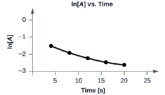 A graph, labeled above as “l n [ A ] vs. Time” is shown. The x-axis is labeled, “Time ( s )” and the y-axis is labeled, “l n [ A ].” The x-axis shows markings at 5, 10, 15, 20, and 25 hours. The y-axis shows markings at negative 3, negative 2, negative 1, and 0. A slight curve is drawn connecting five points at coordinates of approximately (4, negative 1.5), (8, negative 2), (12, negative 2.2), (16, negative 2.4), and (20, negative 2.6).
