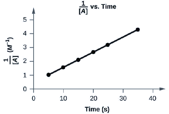  A graph, with the title “1 divided by [ A ] vs. Time” is shown, with the label, “Time ( s ),” on the x-axis. The label “1 divided by [ A ]” appears left of the y-axis. The x-axis shows markings beginning at zero and continuing at intervals of 10 up to and including 40. The y-axis on the left shows markings beginning at 0 and increasing by intervals of 1 up to and including 5. A line with an increasing trend is drawn through six points at approximately (4, 1), (10, 1.5), (15, 2.2), (20, 2.8), (26, 3.4), and (36, 4.4).