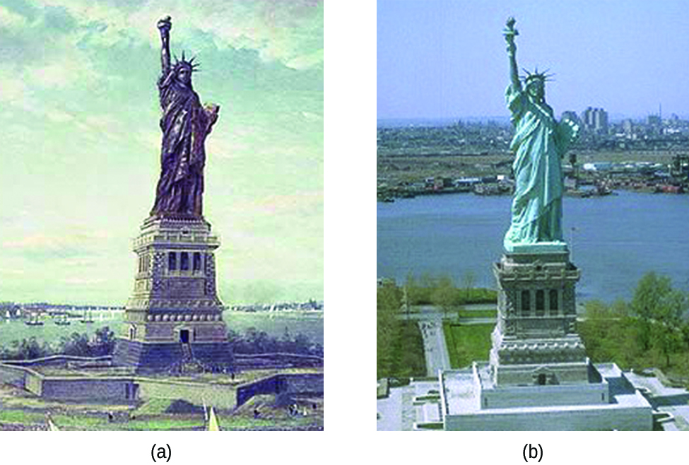 This figure contains two photos of the Statue of Liberty. Photo a appears to be an antique photo which shows the original brown color of the copper covered statue. Photo b shows the blue-green appearance of the statue today. In both photos, the statue is shown atop a building, with a body of water in the background."> <img src="/resources/c71c5e090edb17a9b5bb12f9e8dd4fba4509b059/CNX_Chem_17_06_Statue.jpg" data-media-type="image/jpeg" alt="This figure contains two photos of the Statue of Liberty. Photo a appears to be an antique photo which shows the original brown color of the copper covered statue. Photo b shows the blue-green appearance of the statue today. In both photos, the statue is shown atop a building, with a body of water in the background.
